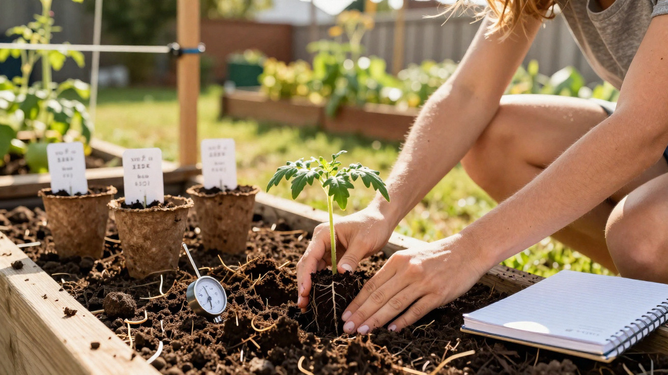 Pessoa plantando muda de tomate em canteiro com regador, termômetro e caderno ao lado em jardim.