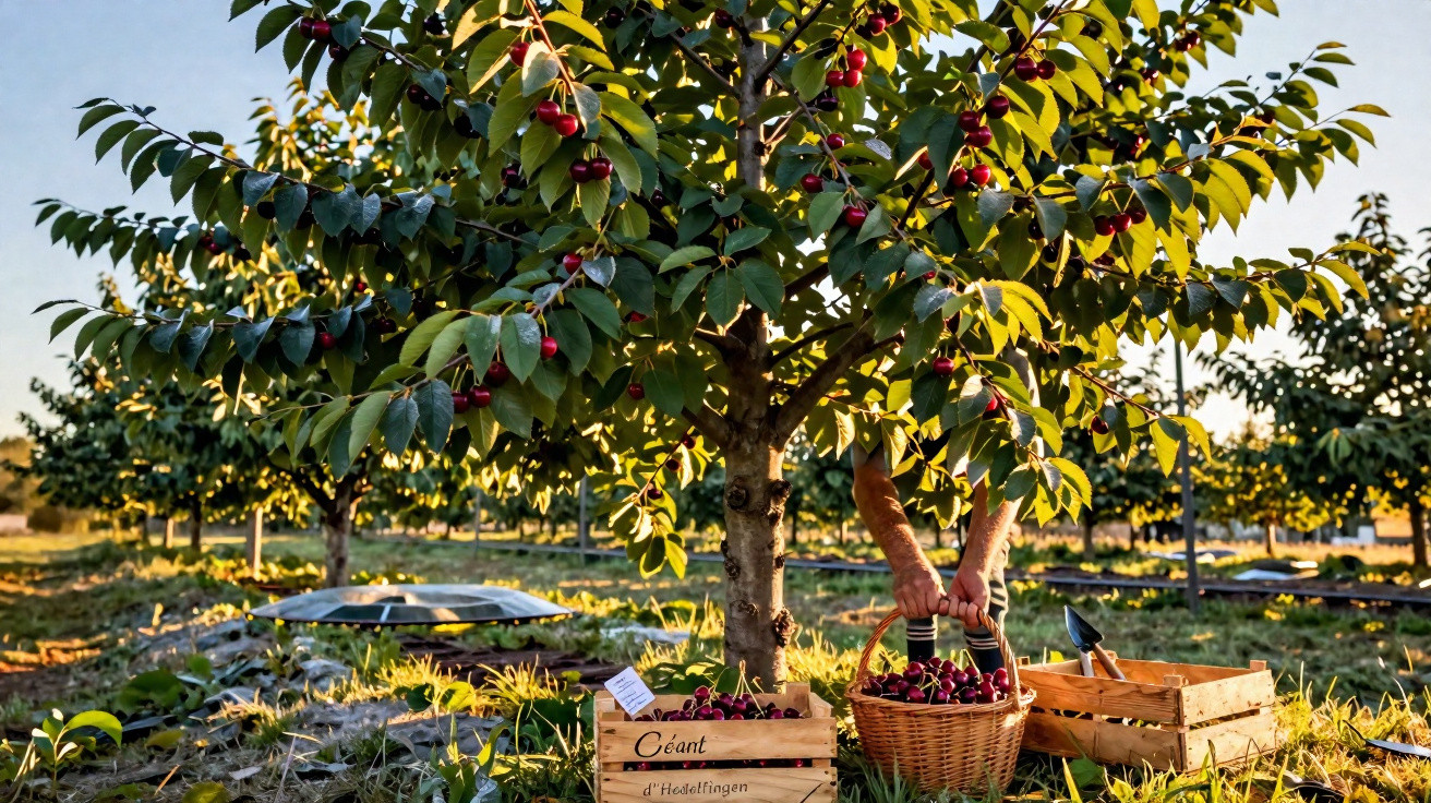 Pessoa colhendo cerejas maduras em cesta sob árvores em pomar ao entardecer.