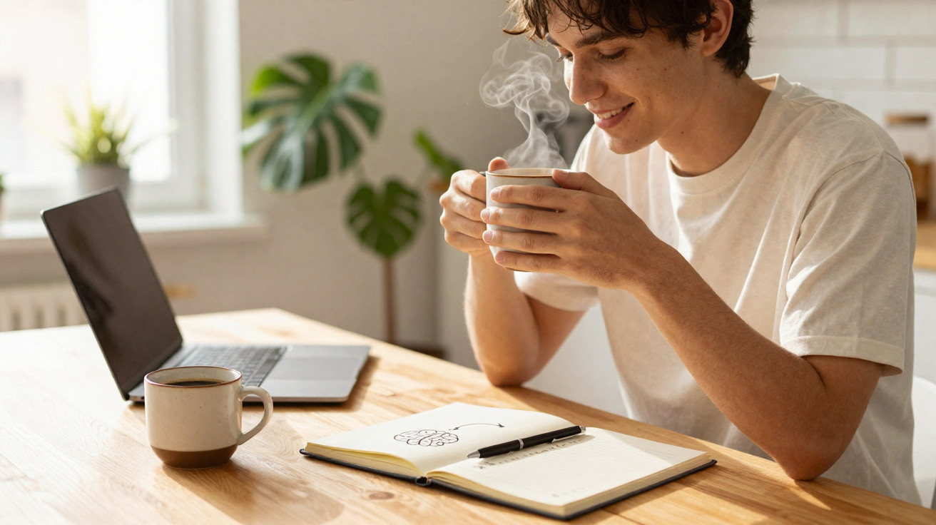 Jovem sentado à mesa segurando xícara de café quente, com notebook e caderno aberto à sua frente.