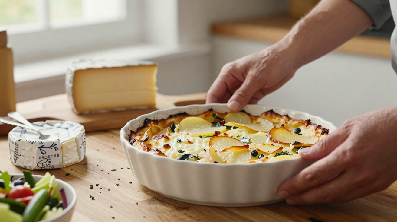 Mãos segurando travessa com gratinado de batatas, queijo e ervas em mesa de madeira com queijos ao fundo.