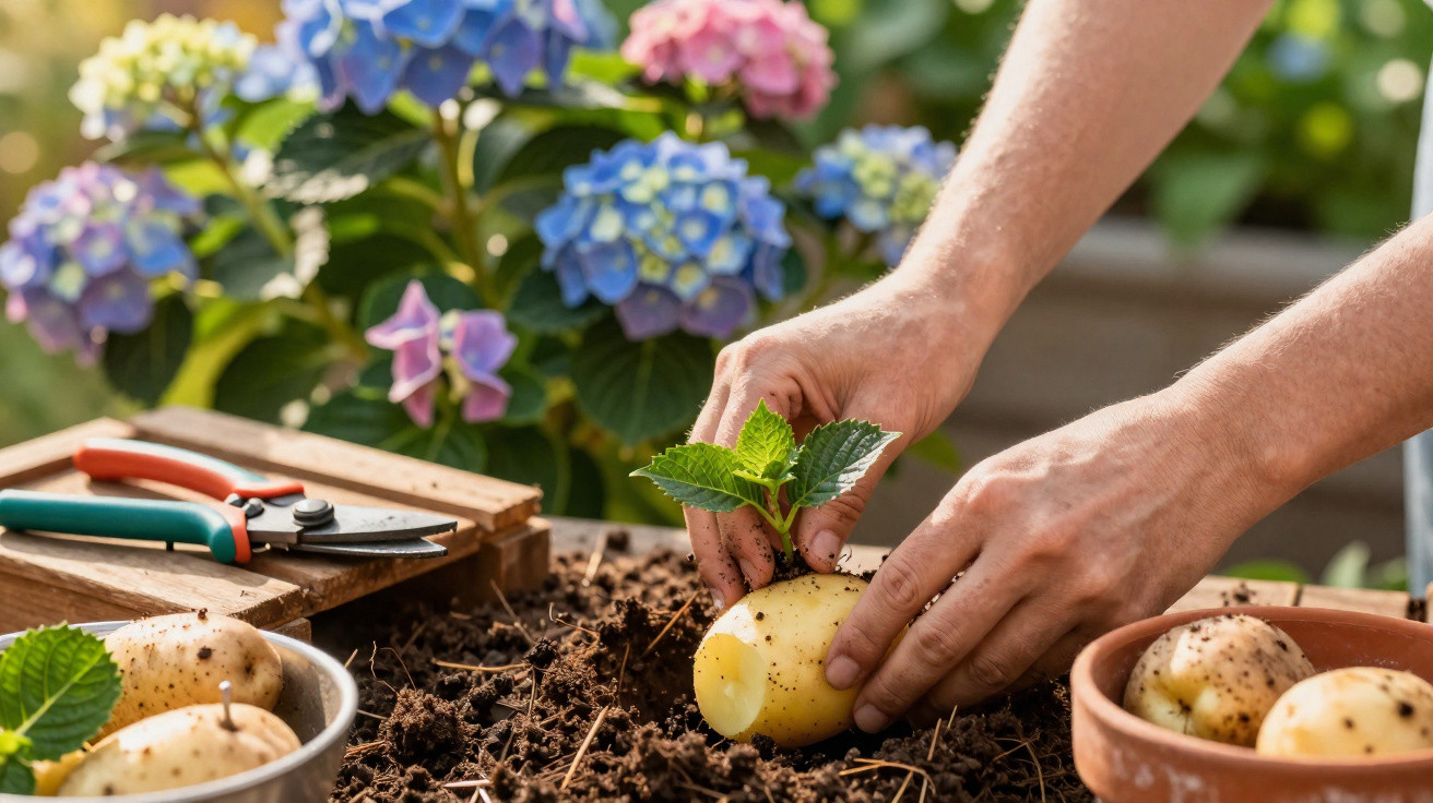 Mãos plantando uma muda em batata com flores coloridas ao fundo e ferramentas de jardinagem.