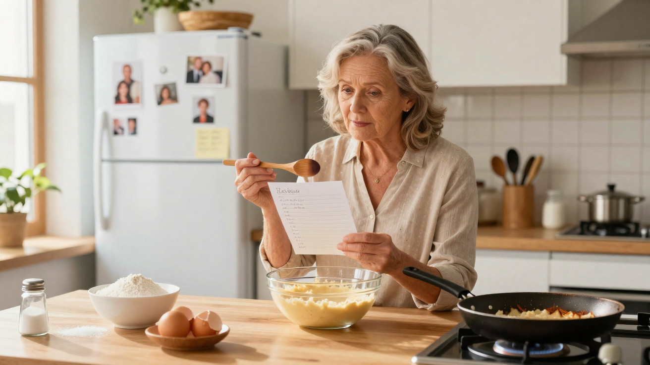 Mulher idosa consultando receita enquanto mistura massa na cozinha com ingredientes sobre a bancada.
