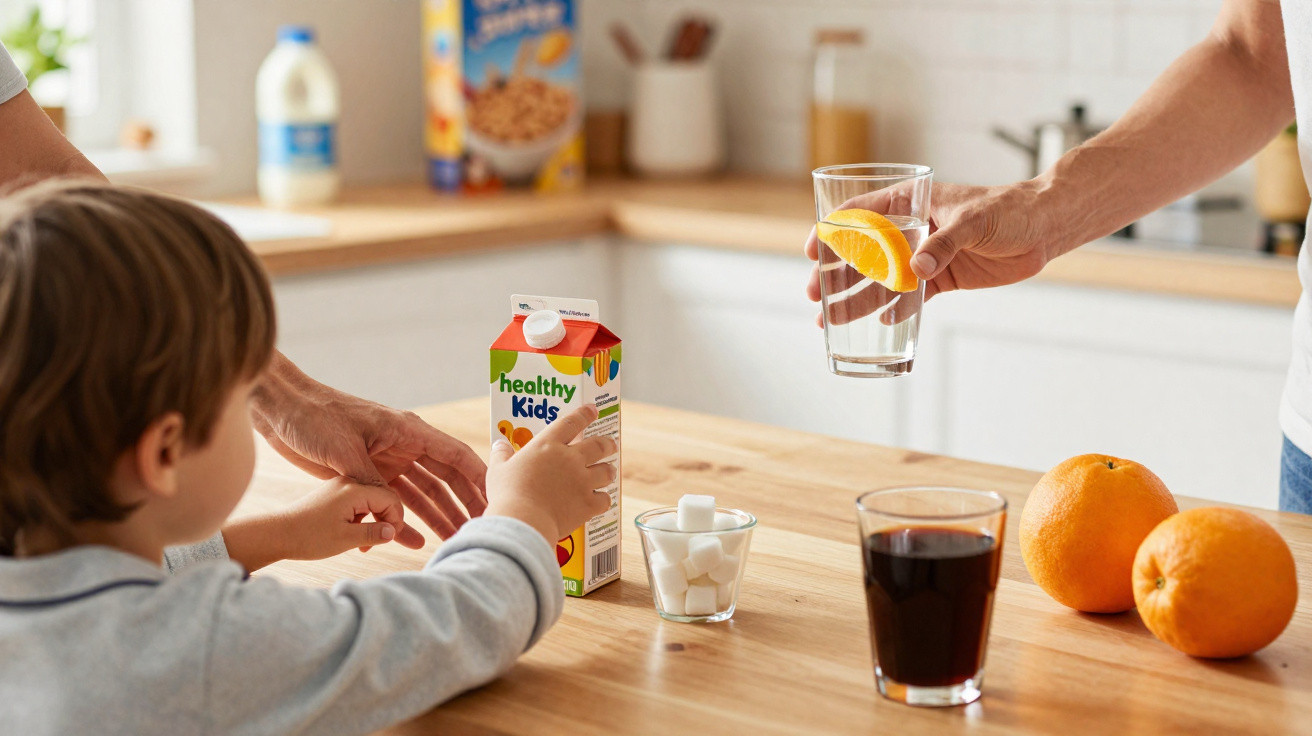 Criança pegando suco saudável na mesa com copos de suco, açúcar e laranjas na cozinha.
