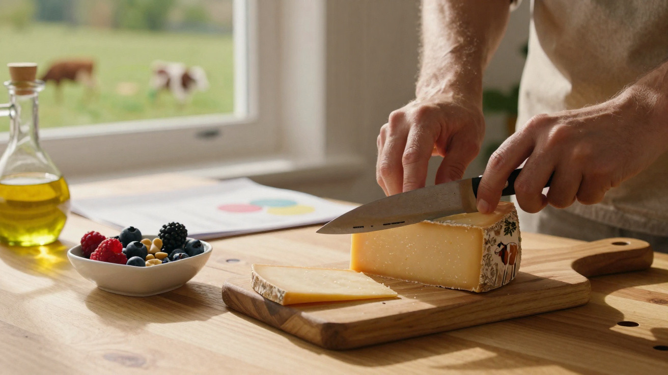 Pessoa cortando queijo em tábua de madeira com tigela de frutas e garrafa de azeite ao lado, luz natural.