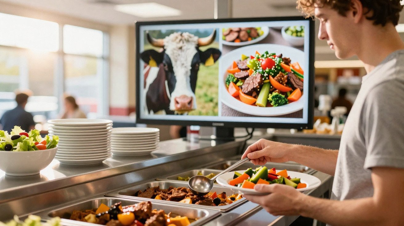 Jovem servindo comida saudável em restaurante self-service com imagem de vaca e prato no monitor à frente.