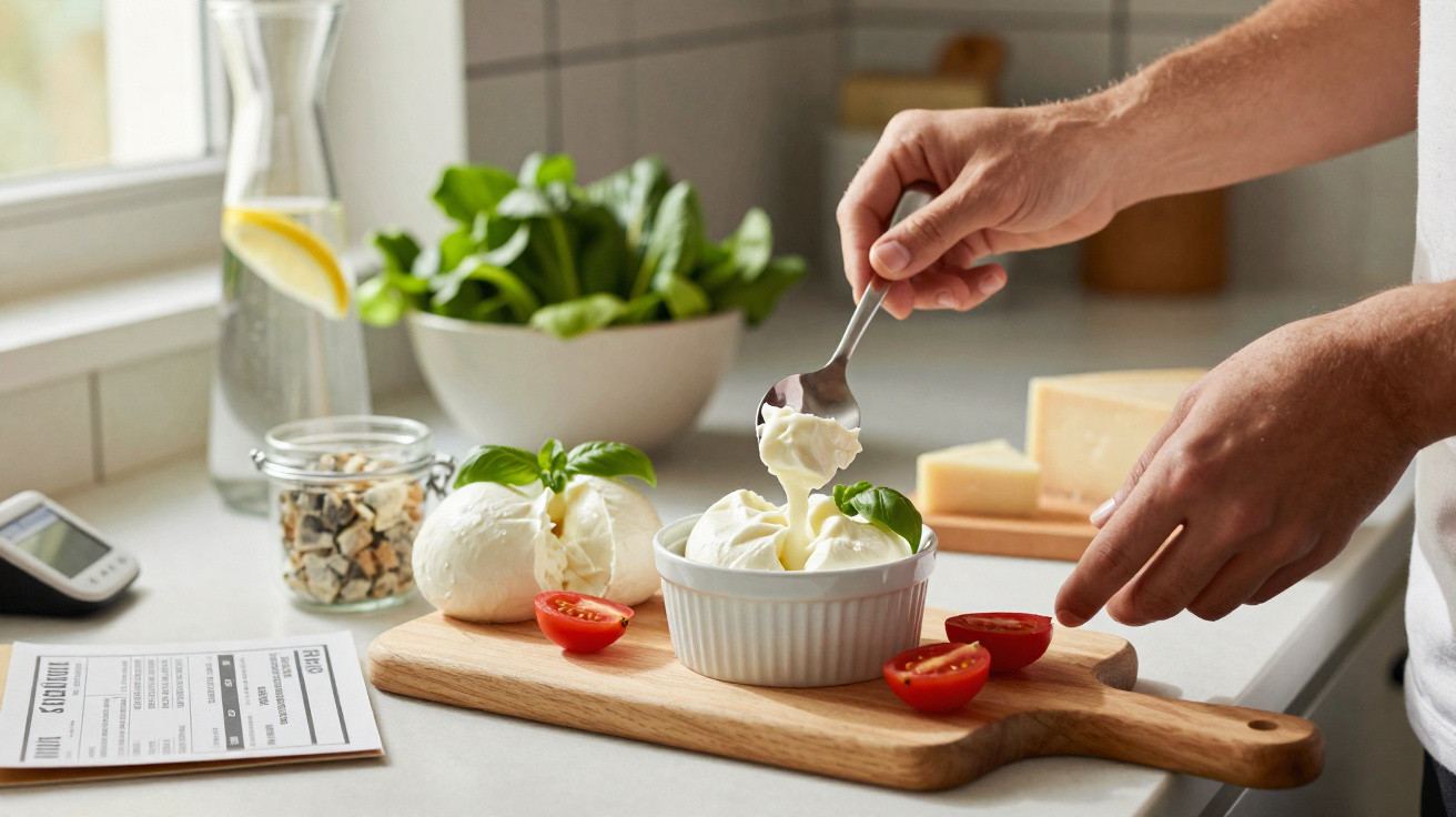 Mãos pegando queijo cremoso com colher em tábua de madeira com tomates e manjericão na cozinha.