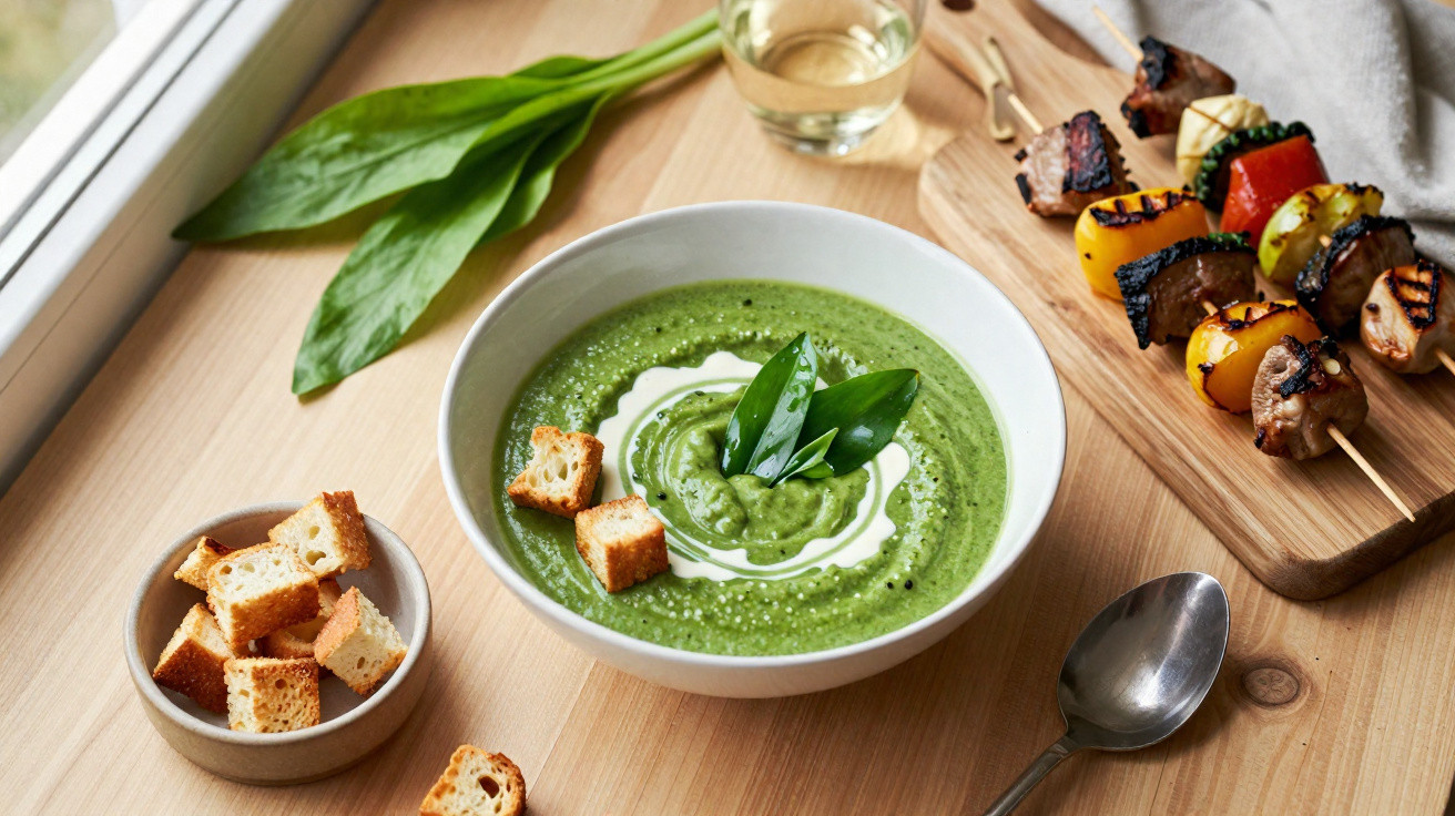 Sopa cremosa verde com croutons e folhas, espetinhos de legumes e carne, copo com bebida clara sobre mesa de madeira.