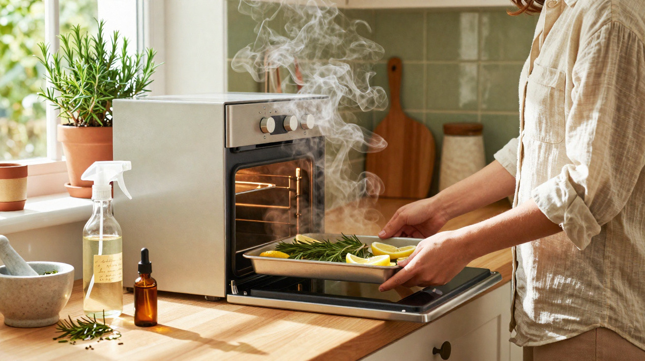 Pessoa retirando assadeira com alimentos e ervas frescas de forno em cozinha iluminada.