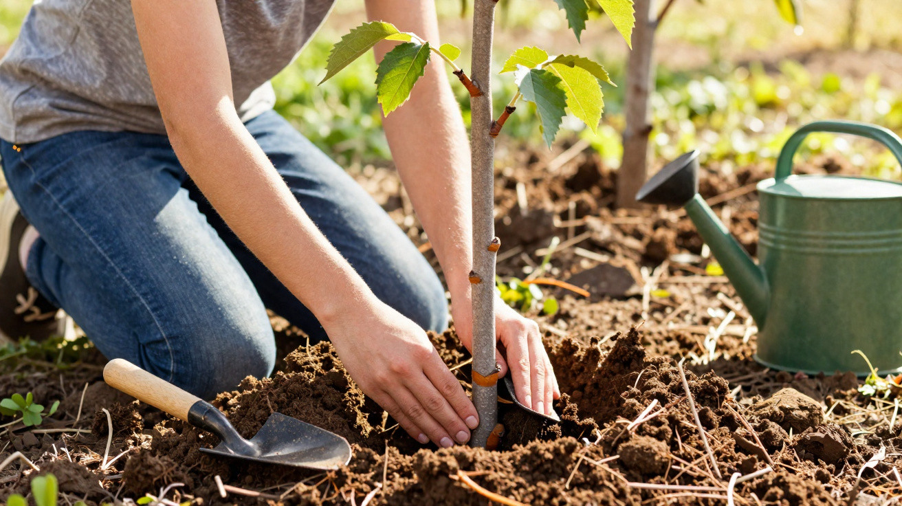 Pessoa plantando uma muda de árvore no solo com regador e pá de jardinagem ao lado.