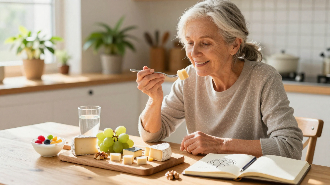 Mulher idosa sorrindo comendo queijo em cozinha moderna, com frutas, caderno e copo d'água na mesa.