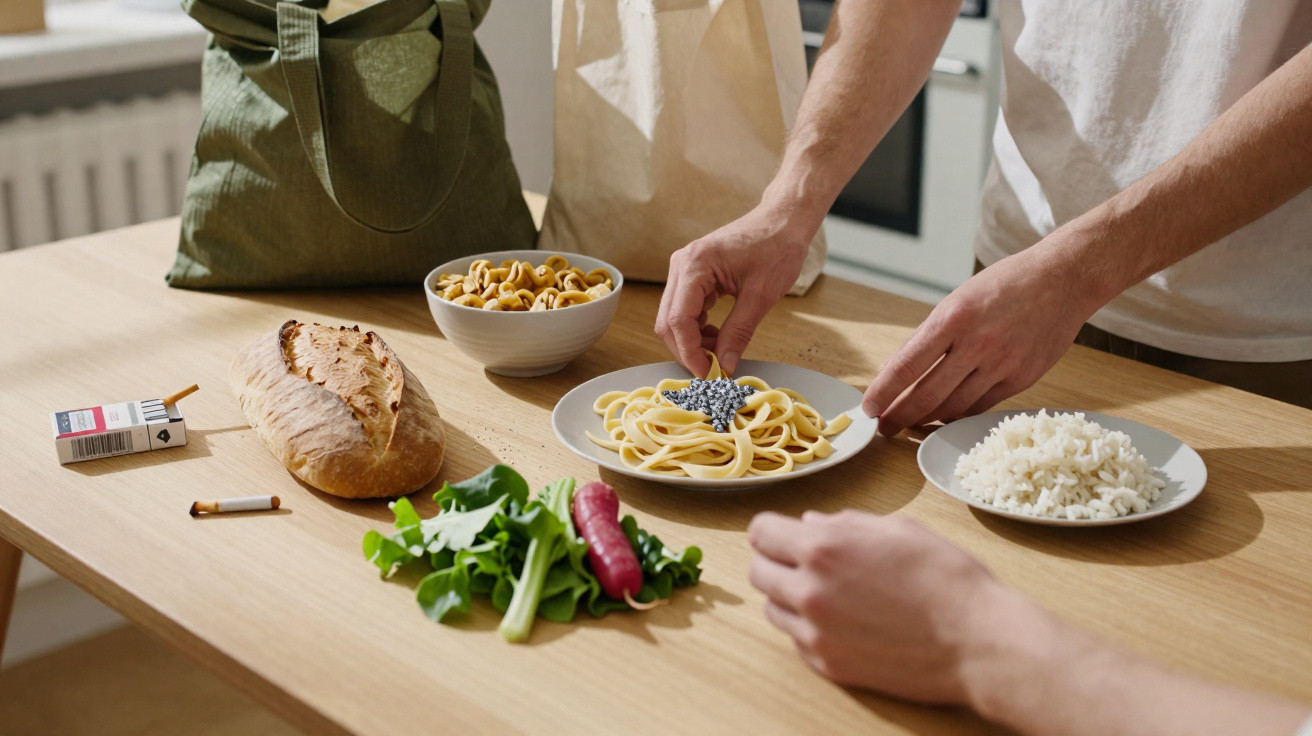 Mesa com pão, macarrão, arroz, verduras, castanhas e duas pessoas preparando a refeição.