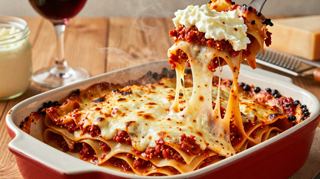 Lasagna quente com queijo derretido e molho bolonhesa em travessa vermelha, com vinho ao fundo.