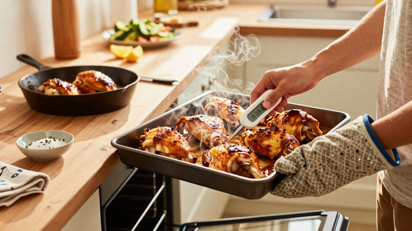 Pessoa mede a temperatura de coxas de frango assadas em uma forma retirando do forno em cozinha.