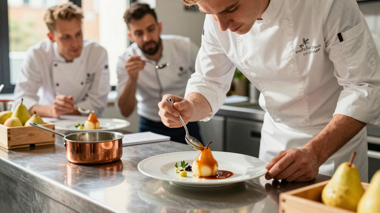 Chef decorando sobremesa com pêra caramelizada em cozinha profissional enquanto dois observam.