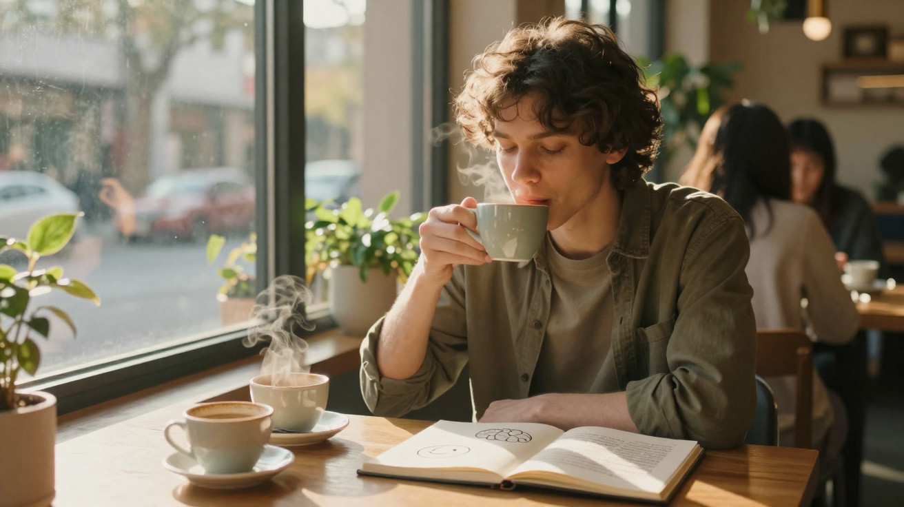 Jovem sentado em cafeteria bebendo café e lendo livro com luz natural pela janela ao lado.