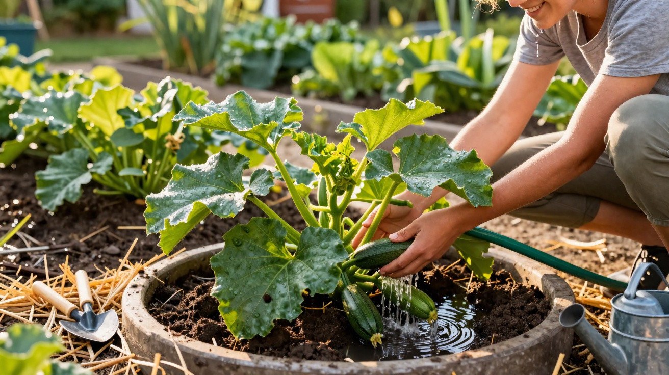 Pessoa regando planta de abobrinha em vaso circular em jardim com ferramentas ao lado.