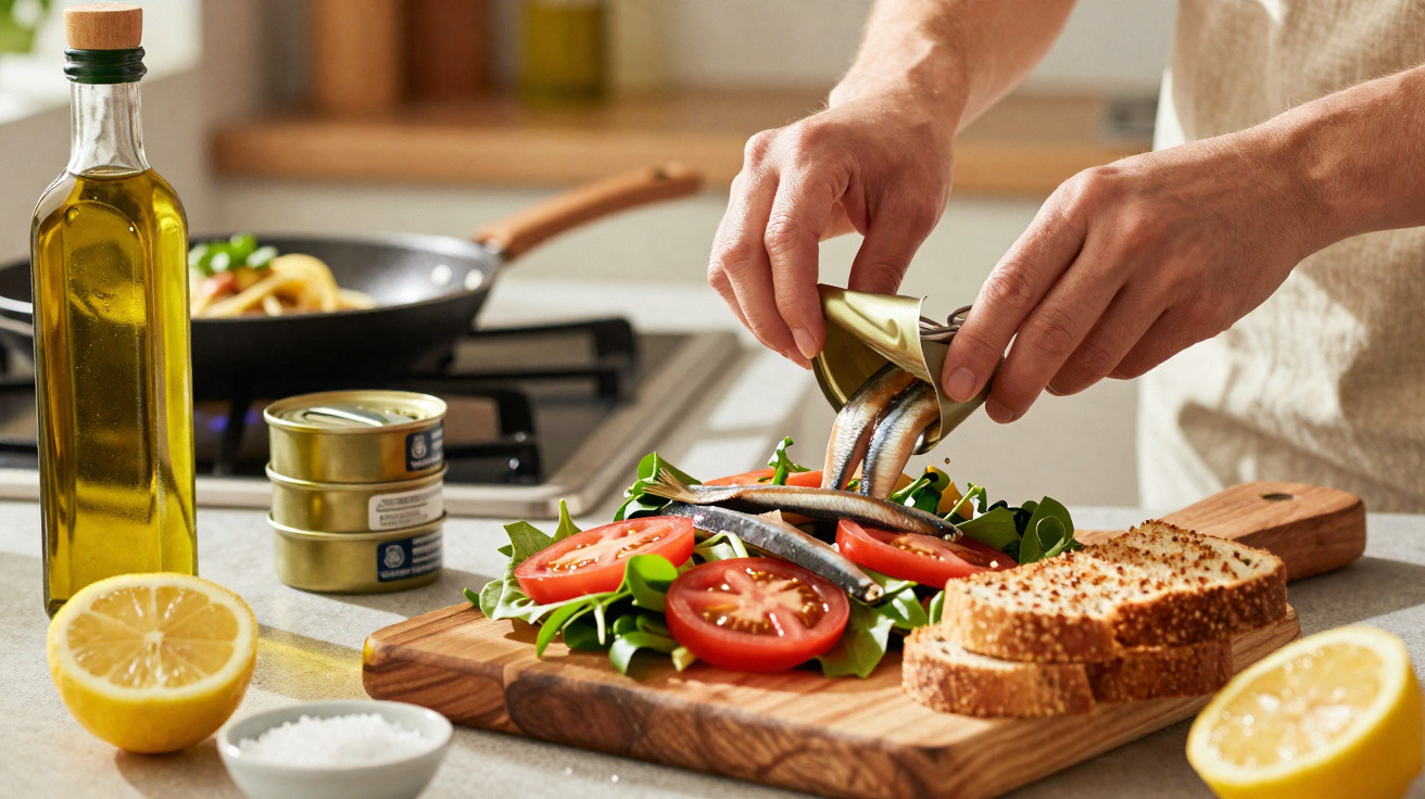 Pessoa colocando sardinhas em lata sobre salada com tomate e folhas verdes em tábua de madeira na cozinha
