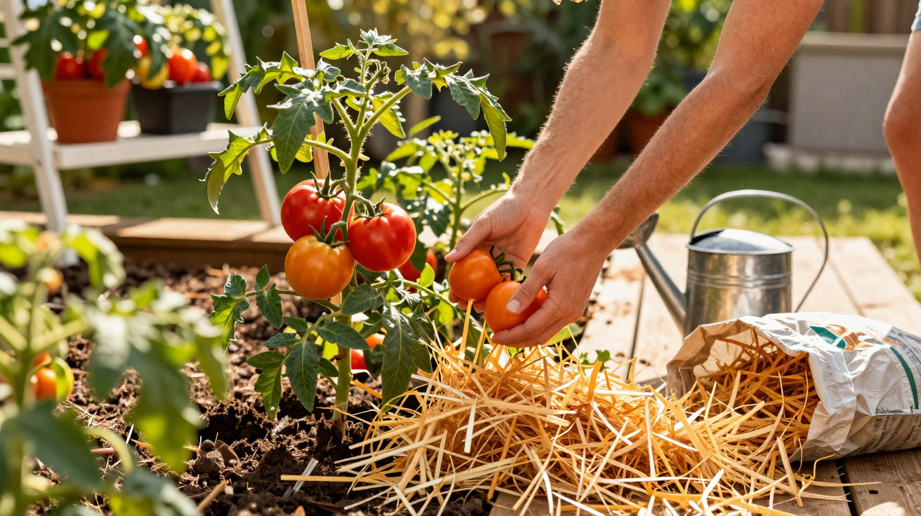 Pessoa colhendo tomates vermelhos e laranjas em planta cultivada com cobertura de palha no jardim.