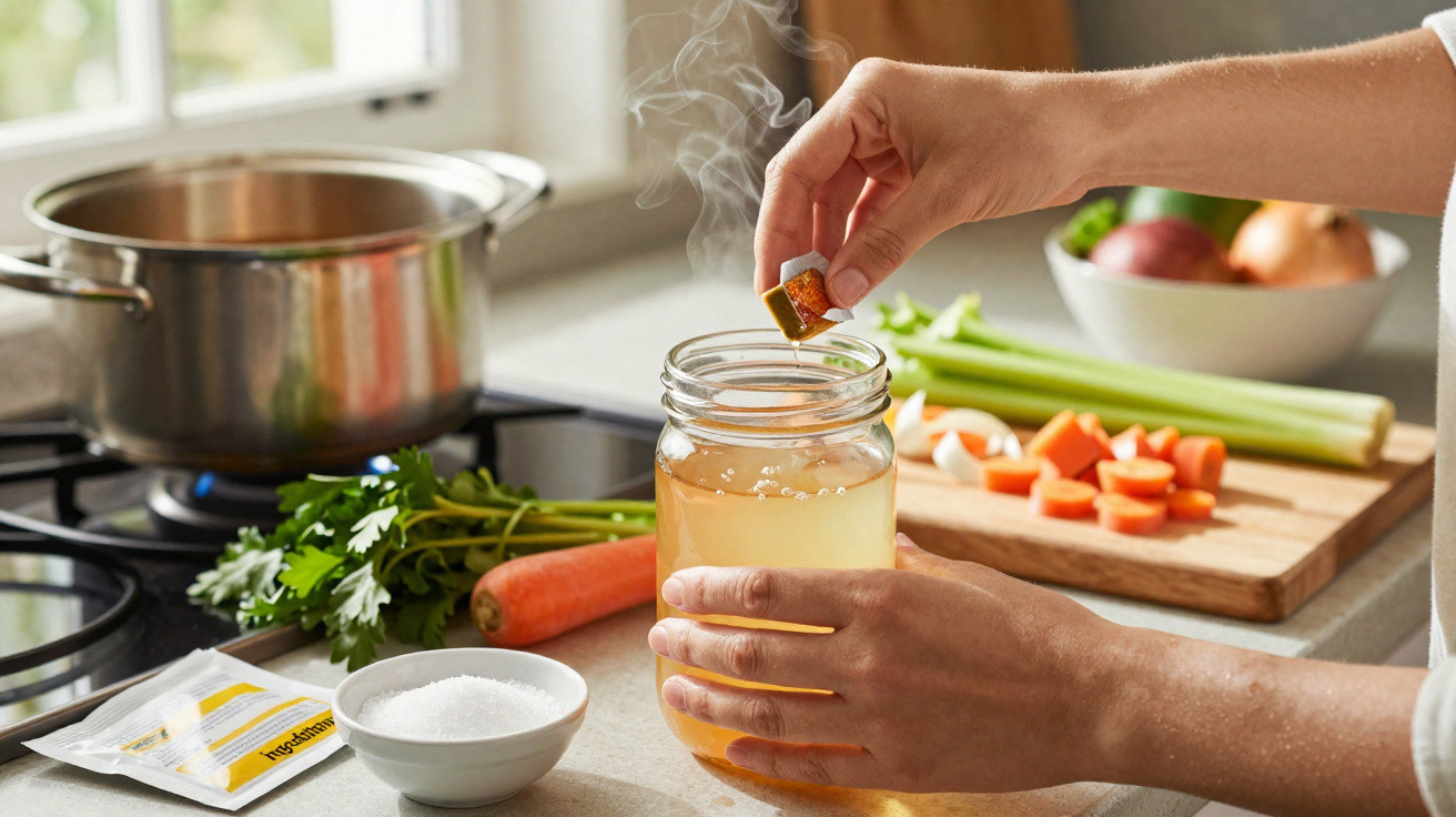 Mãos adicionando tablete efervescente a copo com líquido quente na cozinha com legumes ao fundo.