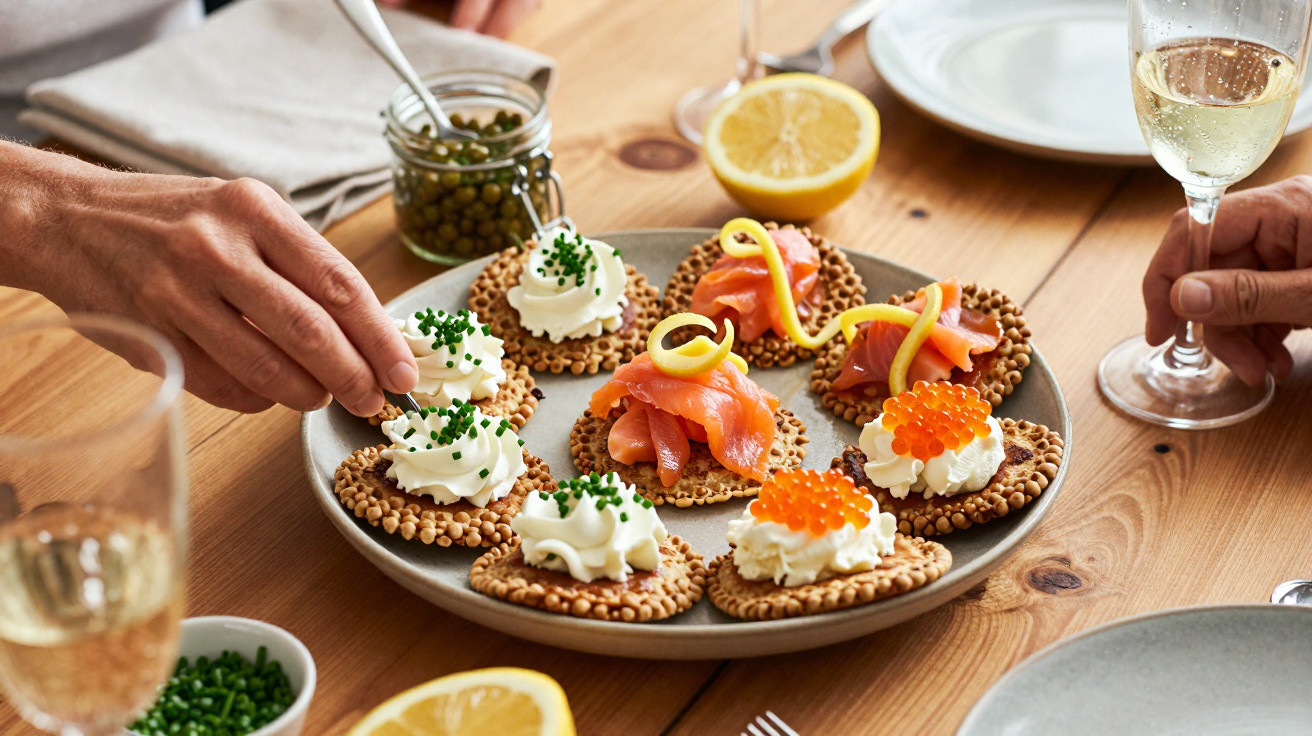 Prato com canapés variados de salmão, queijo, ovas e cebolinha, mãos servindo e taças de vinho na mesa.