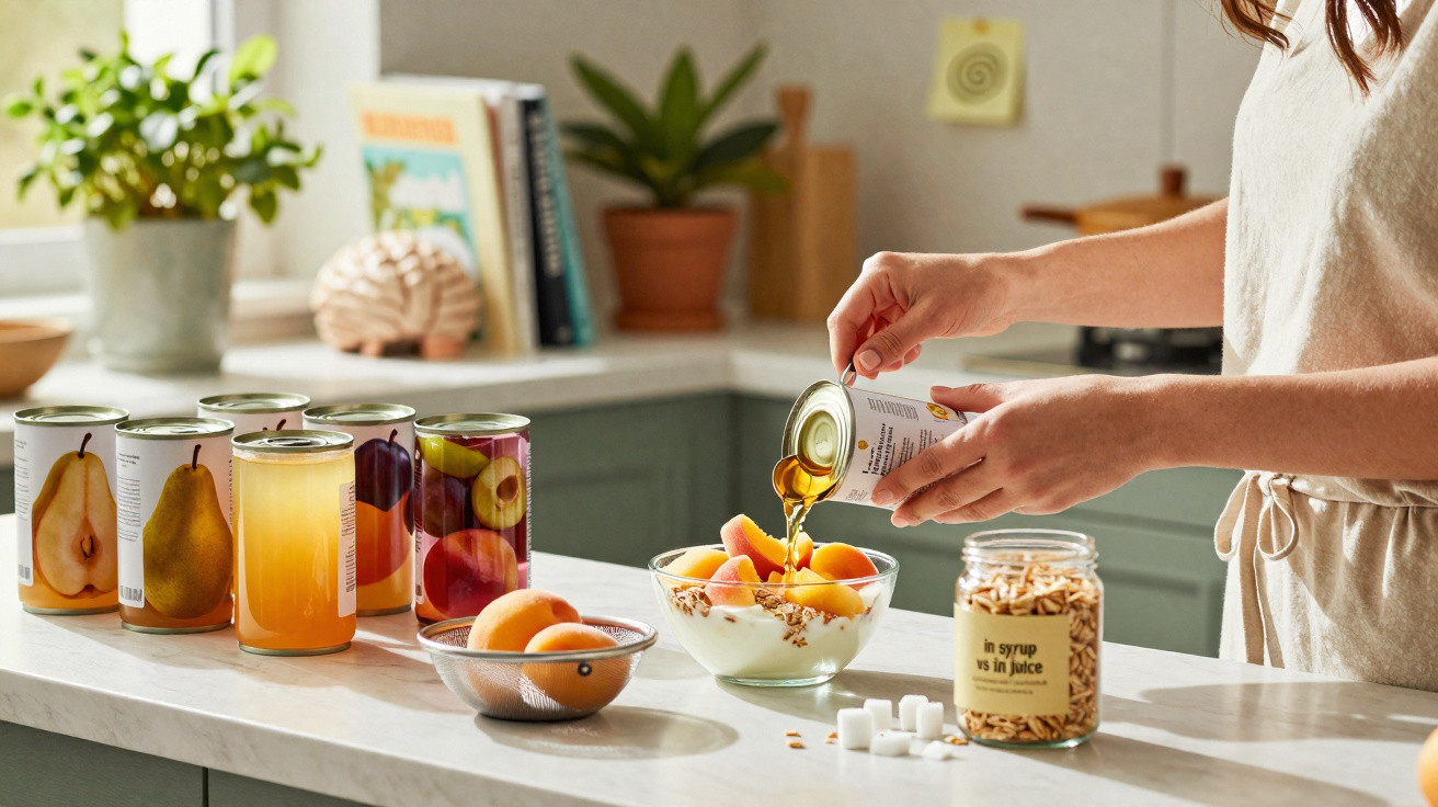 Pessoa vertendo calda de frutas em conserva sobre iogurte com frutas em uma tigela na cozinha.