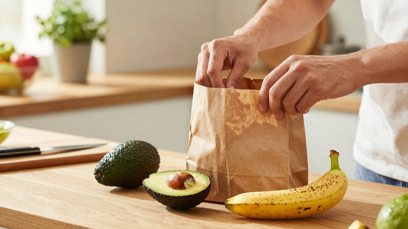 Pessoa colocando alimentos, incluindo abacate e banana, em sacola de papel na cozinha.