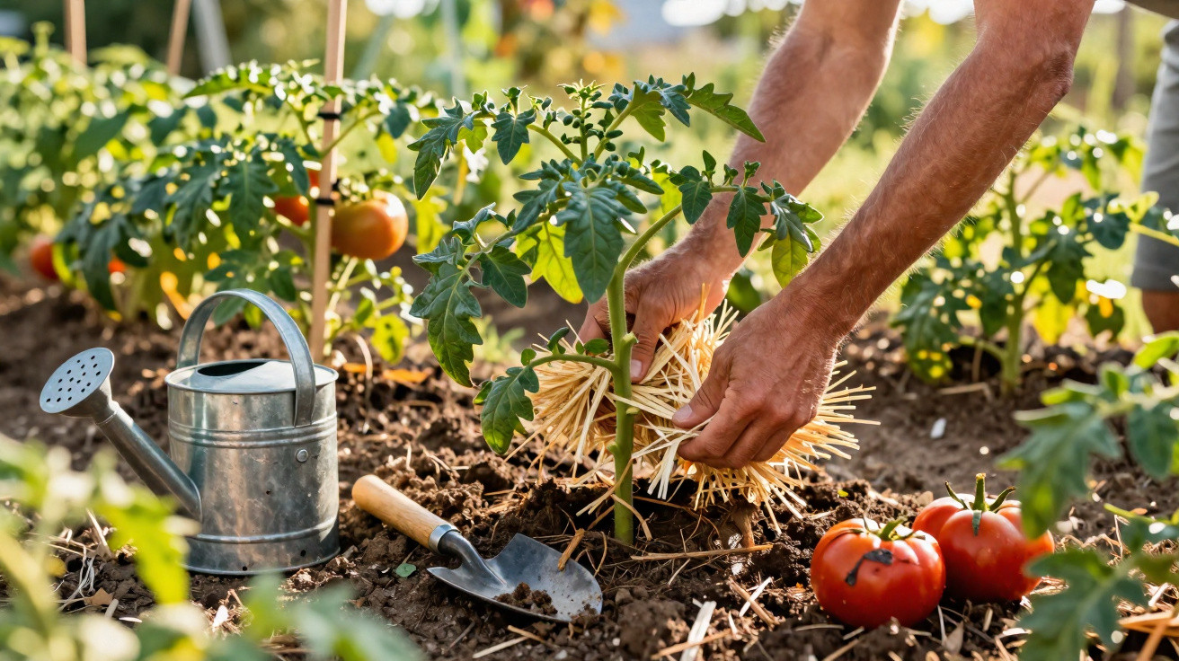 Pessoa cuidando de pé de tomate em jardim, com regador, pá e tomates maduros no solo.
