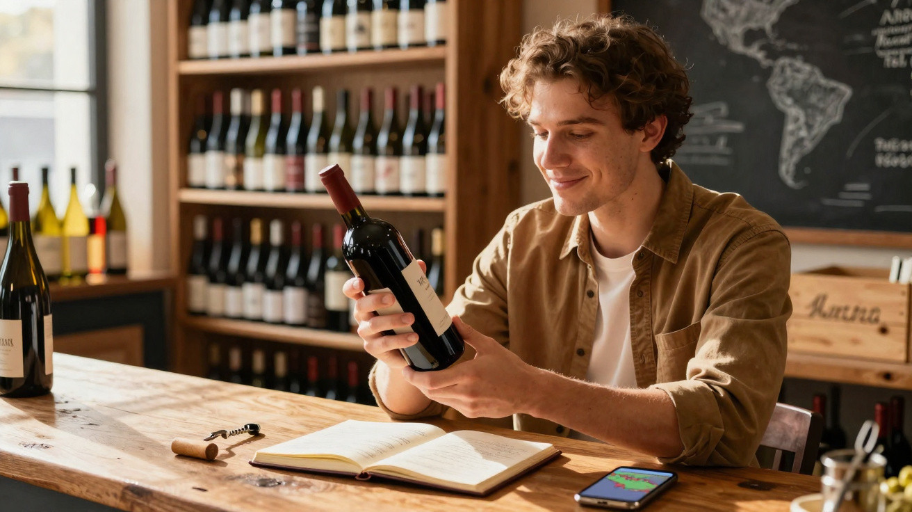 Jovem sorrindo enquanto examina uma garrafa de vinho em adega, com livro aberto e celular sobre a mesa.