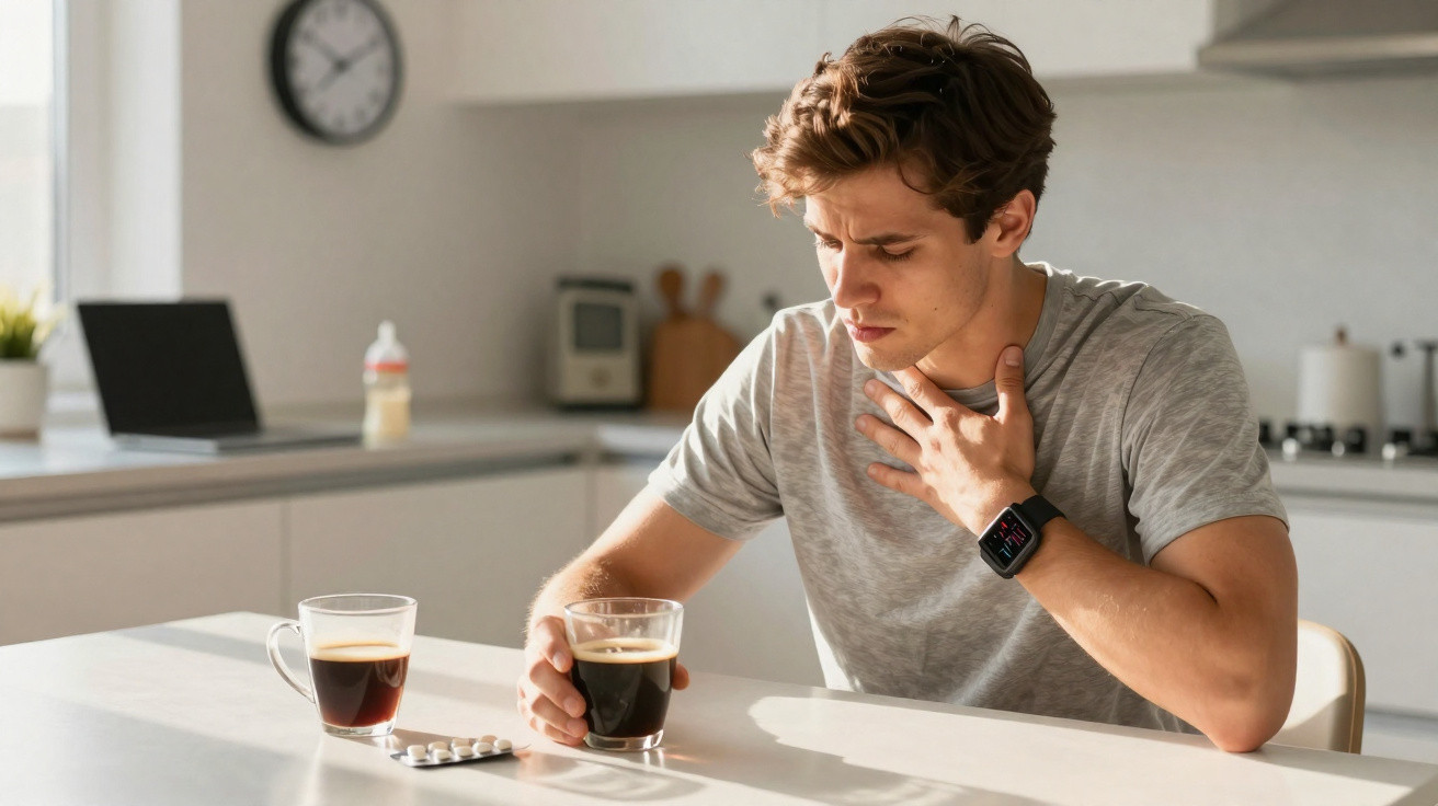 Homem com expressão de desconforto tocando a garganta e segurando café em cozinha.