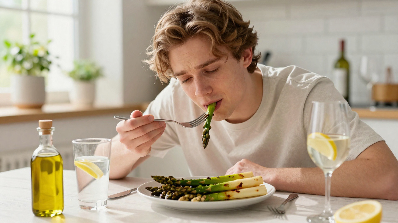 Jovem comendo aspargos cozidos sentado à mesa com copo de água e bebida com fatia de limão.