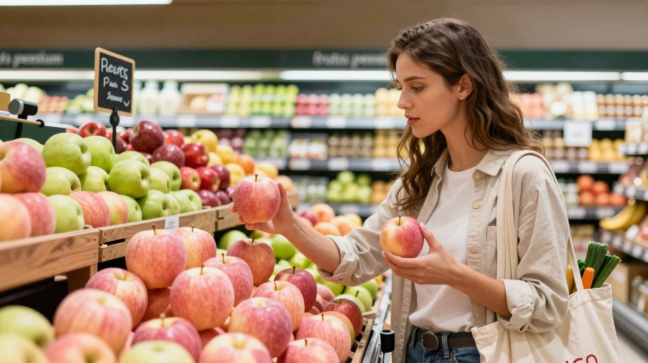 Mulher escolhendo maçãs em supermercado, com sacola ecológica e prateleiras de frutas ao fundo.