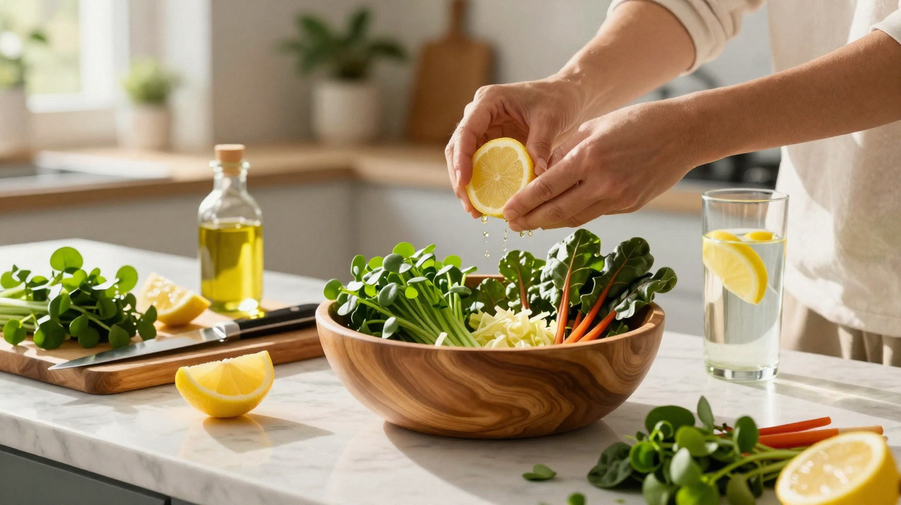 Mãos espremendo limão sobre salada com folhas verdes e cenouras em cozinha iluminada.