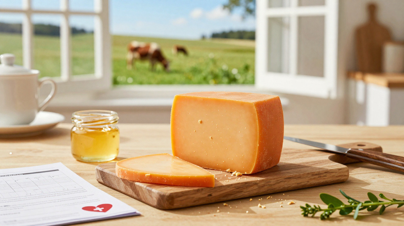Queijo amarelo fatiado sobre tábua de madeira em cozinha com janela aberta para campo e vacas ao fundo.