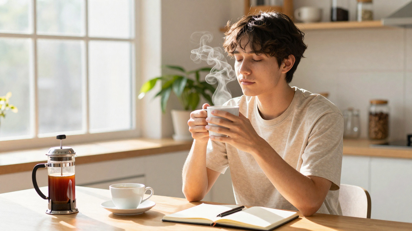 Jovem sentado à mesa, segurando xícara quente de café com olhos fechados em banho de luz natural.