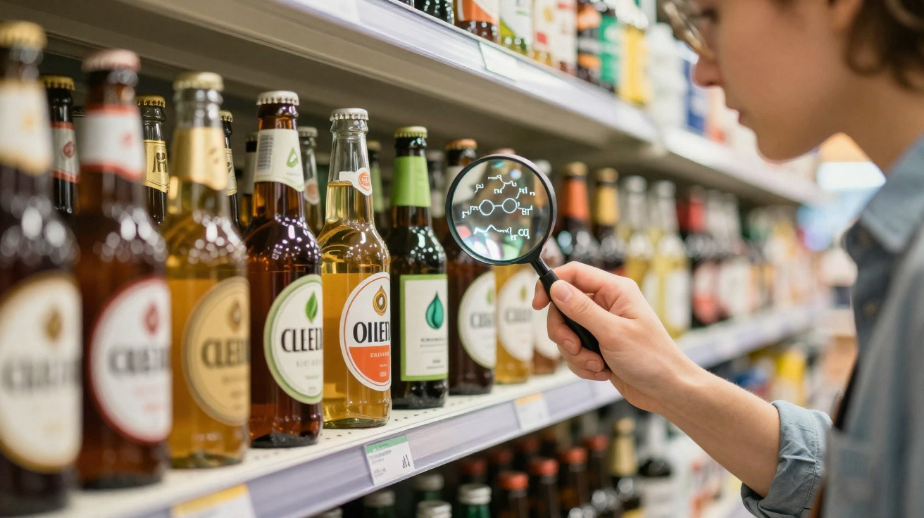 Pessoa usando lupa para examinar rótulo de garrafa em prateleira de bebidas no supermercado.