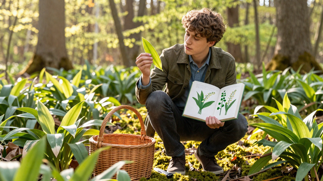 Jovem examina folha na floresta, comparando com ilustração de livro, com cesta de vime ao lado.