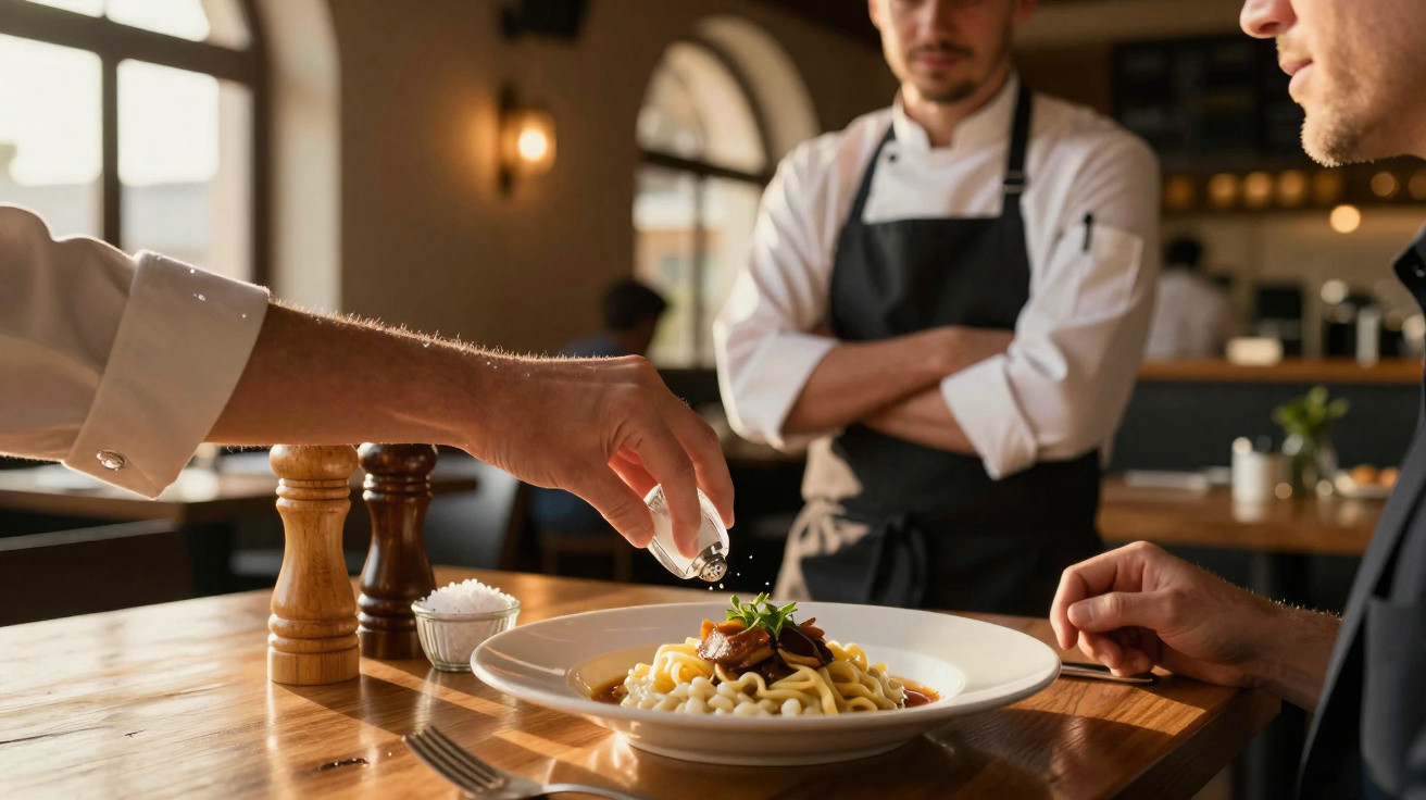 Mesa de restaurante com prato de macarrão e chef temperando a comida para cliente sentado.