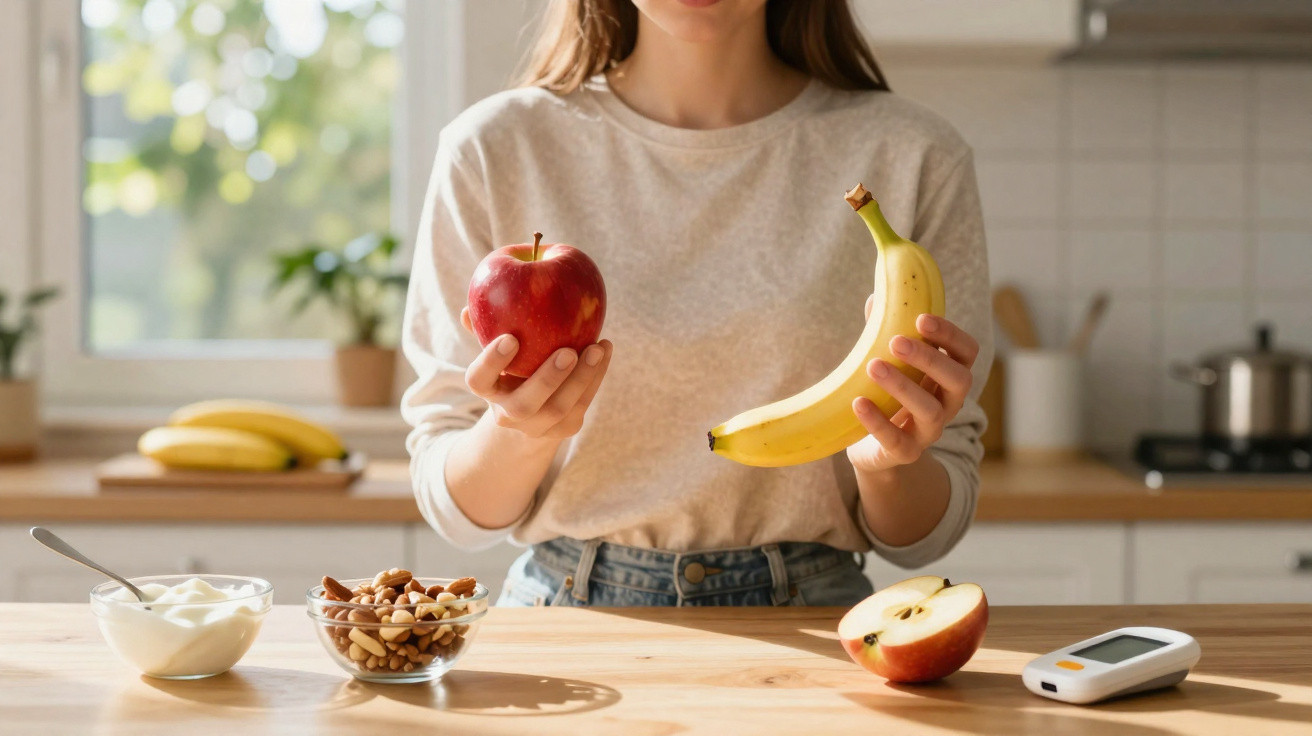 Mulher segurando maçã e banana na cozinha com iogurte, castanhas e medidor de glicose na mesa.