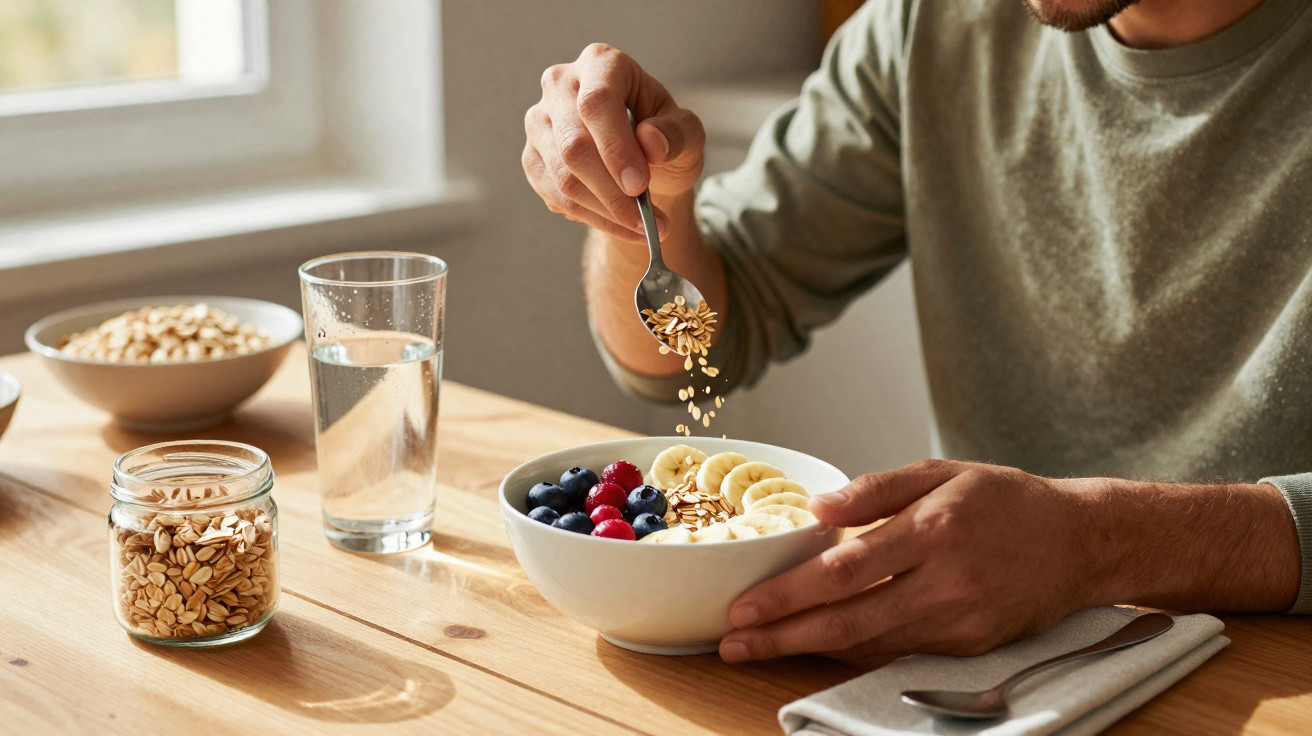 Pessoa colocando granola em bowl com frutas, copo de água e pote sobre mesa de madeira.