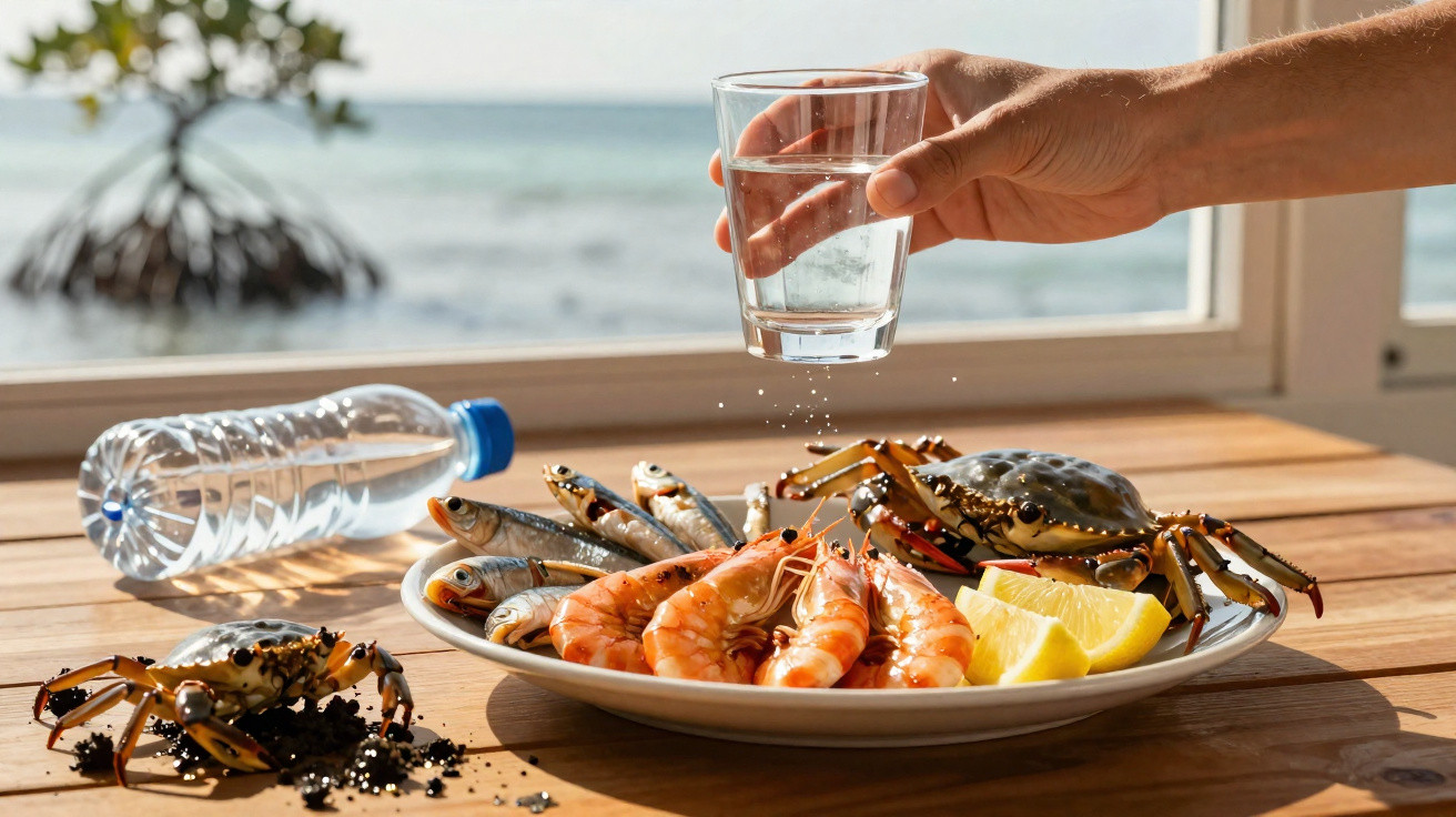 Prato com frutos do mar, limão e caranguejos, mão segurando copo de água e garrafa sobre mesa de madeira.