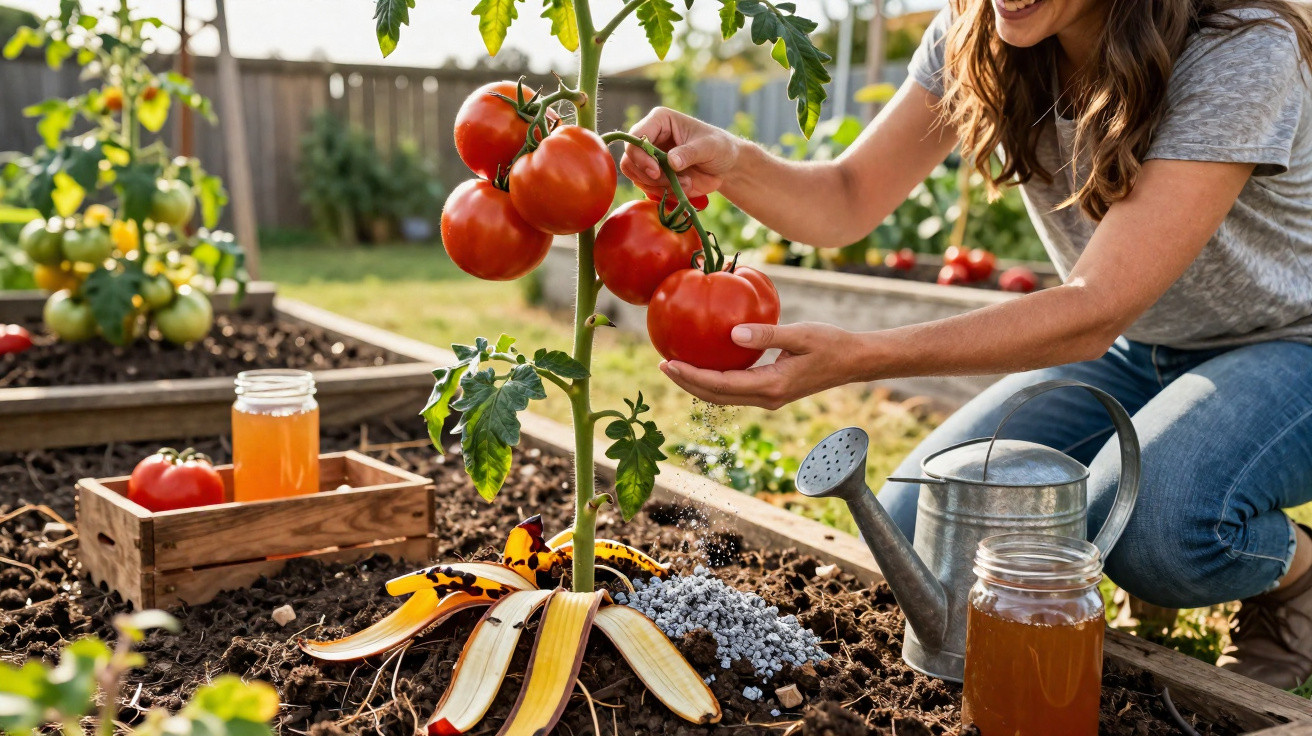 Mulher colhendo tomates maduros em horta urbana com regador, adubo e cascas de banana no solo.