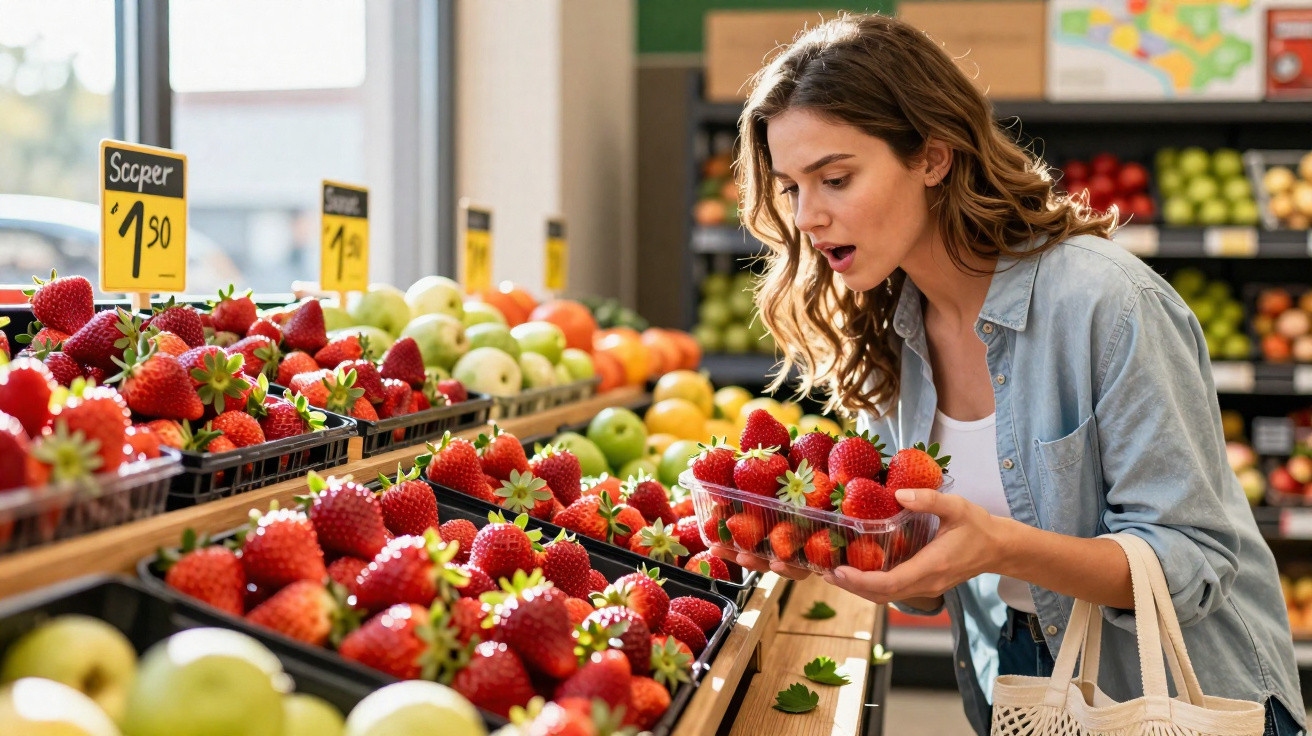 Mulher surpresa segurando caixa de morangos em supermercado, com frutas expostas ao fundo.