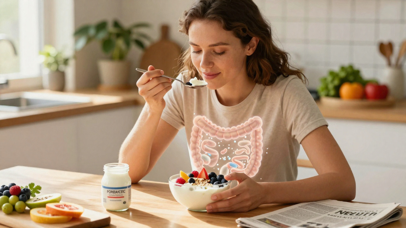 Mulher comendo iogurte com frutas e grãos, destacando o intestino e a saúde digestiva.
