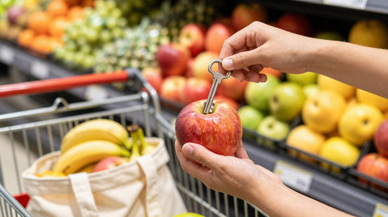 Mãos segurando maçã com chave enfiada, carrinho e sacola com frutas em supermercado ao fundo.