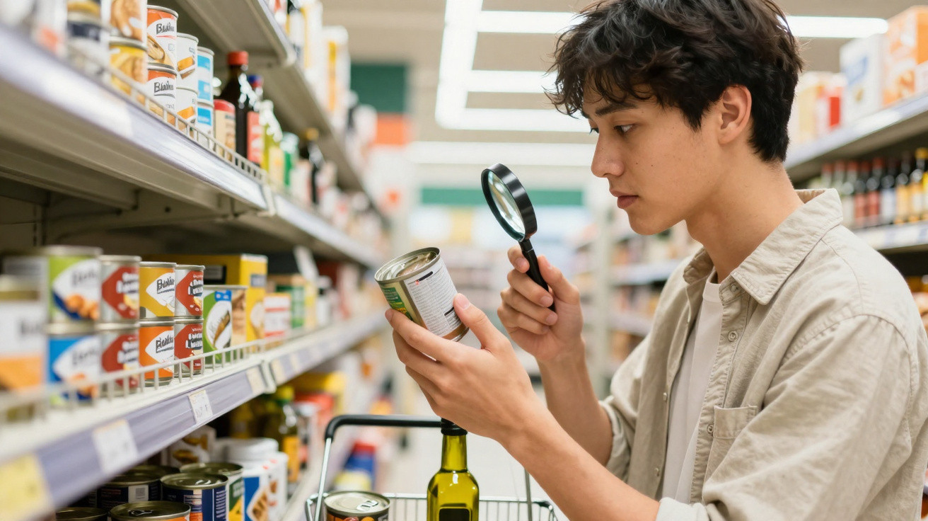 Jovem olhando com lupa para rótulo de lata enquanto faz compras em supermercado.