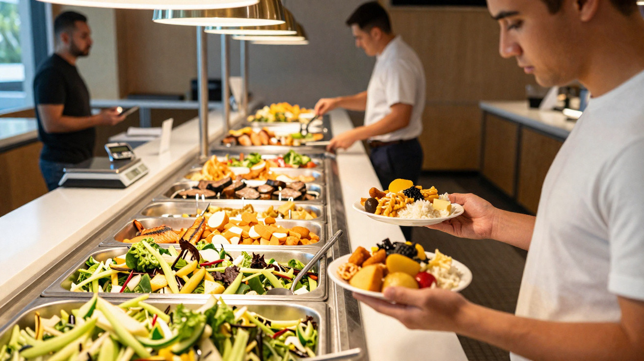 Homem segurando dois pratos servindo-se em buffet self-service com saladas, arroz e legumes.