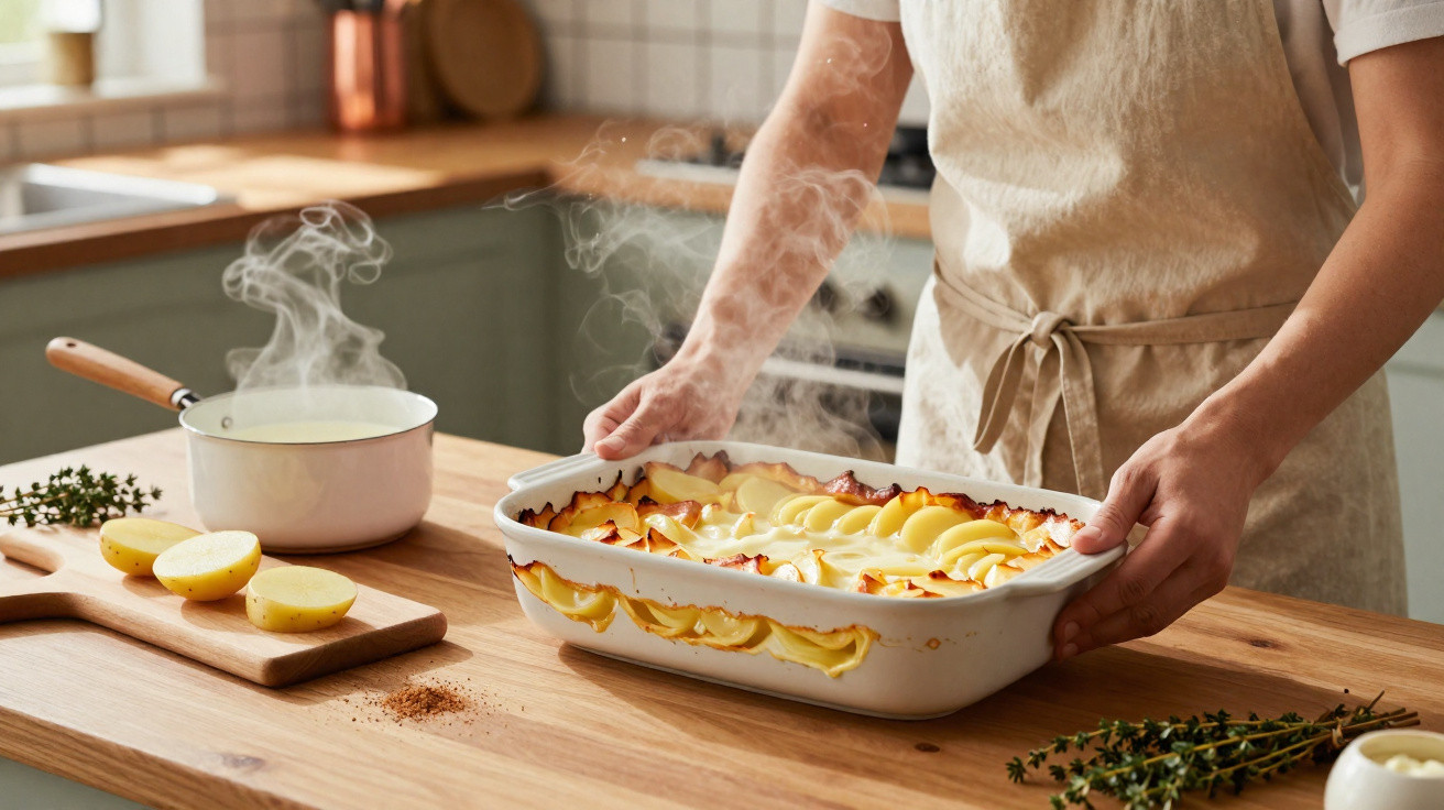 Pessoa segurando travessa quente de batatas gratinadas com vapor na cozinha.