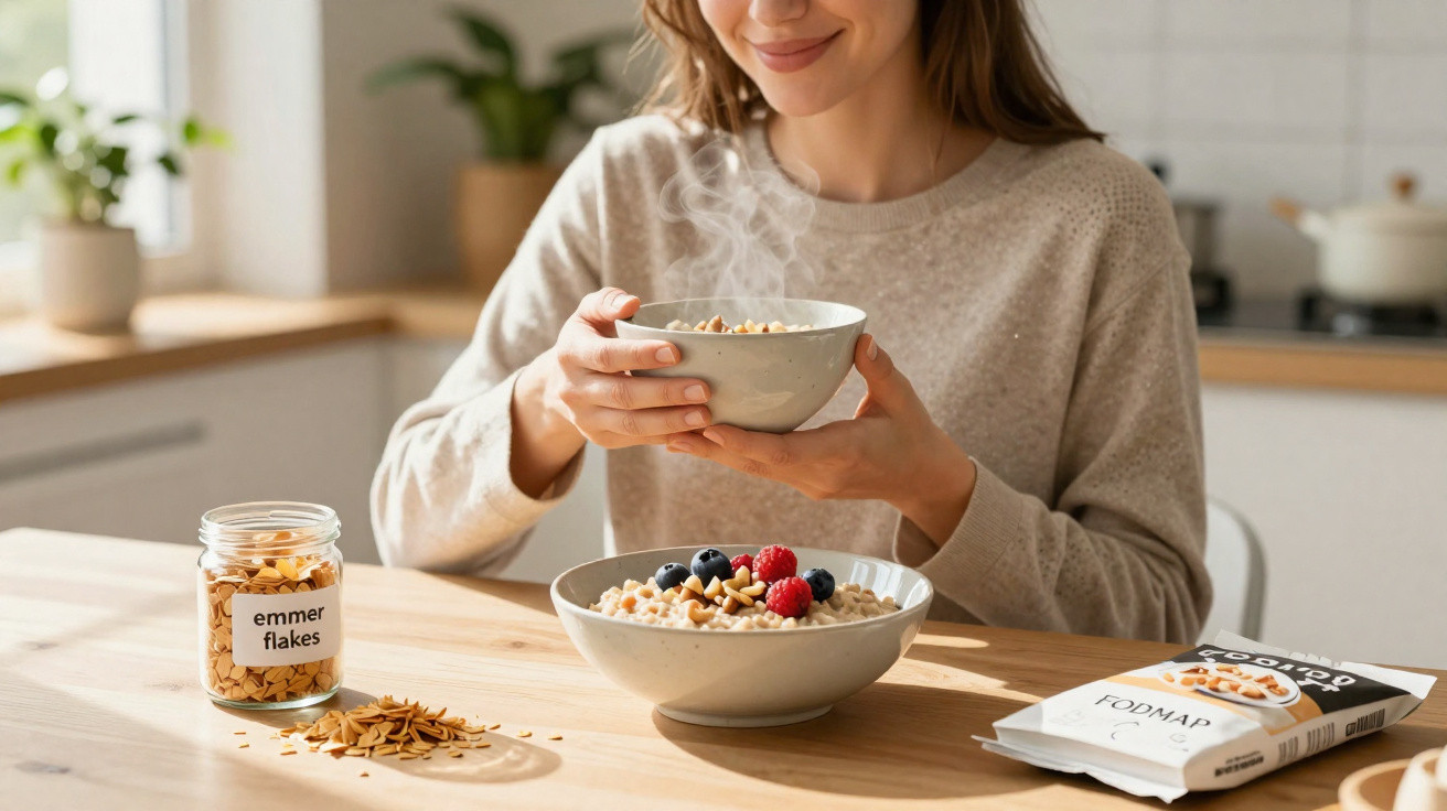 Mulher sorridente segurando tigela com cereal saudável em cozinha iluminada, com frutas e grãos na mesa.