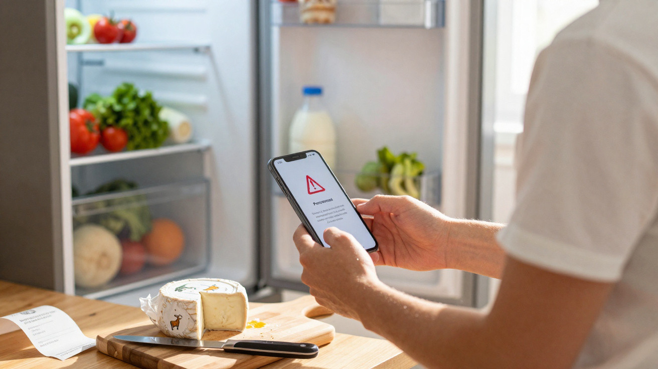 Pessoa segurando celular com alerta, ao lado de queijo e geladeira aberta com alimentos variados.