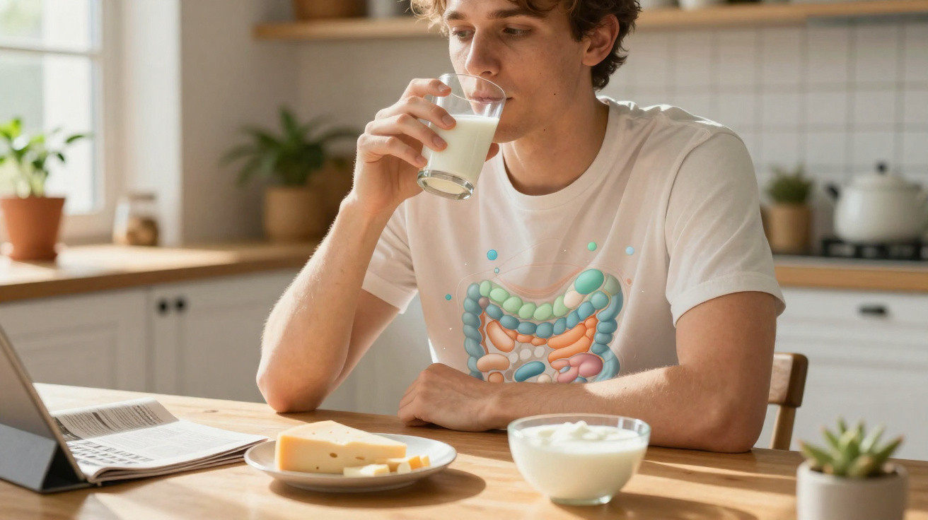 Jovem sentado à mesa bebendo leite, ao lado de queijo, iogurte e tablet em cozinha iluminada.